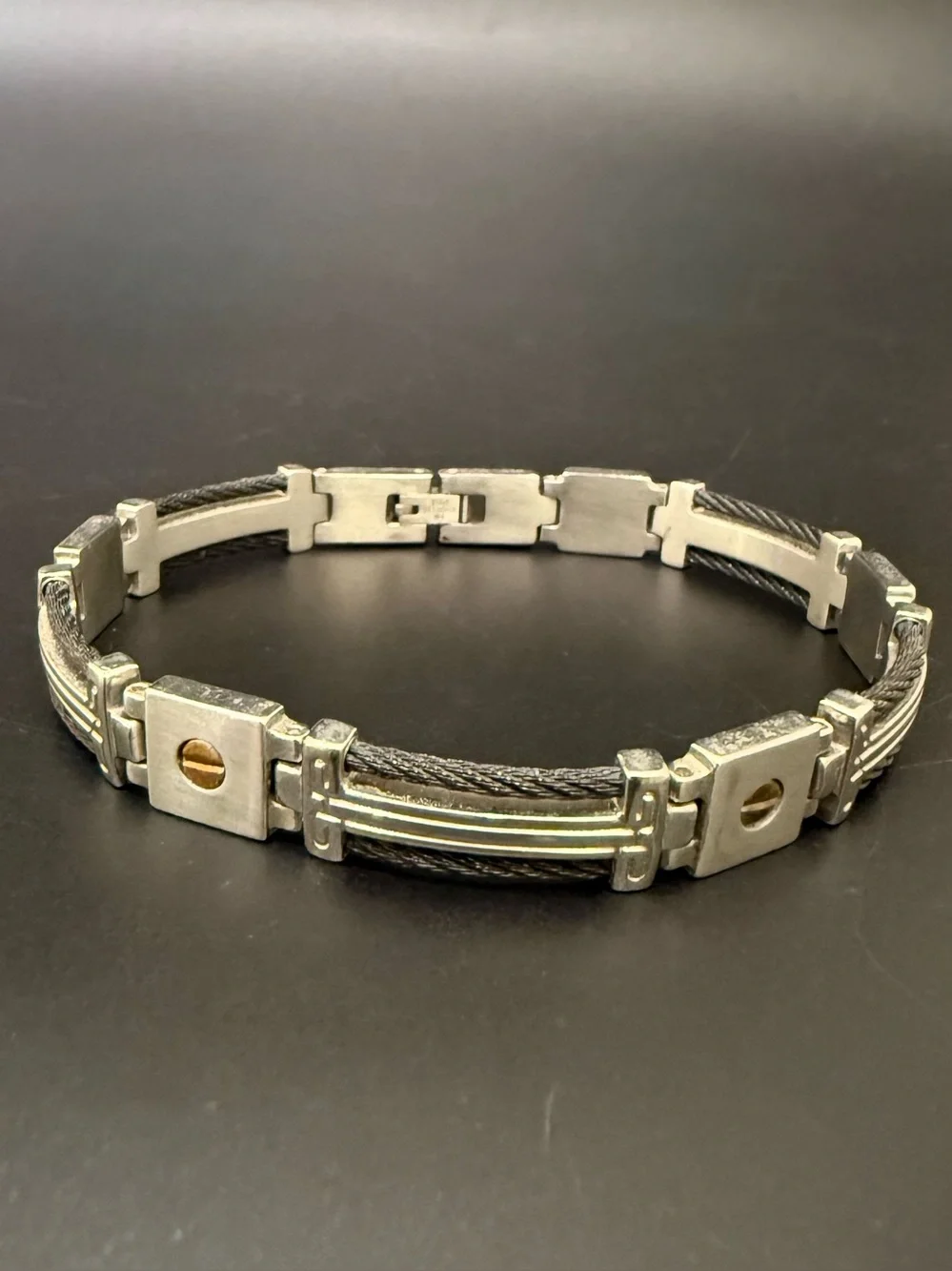 Signed 14K Stainless Steel Black Wire Cable Link Gold Screws 9” Men’s Bracelet